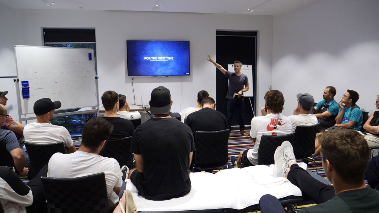 Behind the scenes: director Adrian Brown explains the concept of the project to the Australian squad