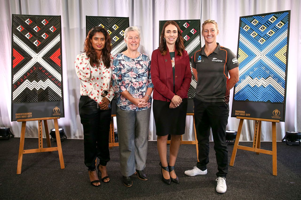 New Zealand Prime Minister Jacinda Ardern with Sophie Devine, Mithali Raj and Debbie Hockley at the World Cup launch, Wellington, March 11, 2020