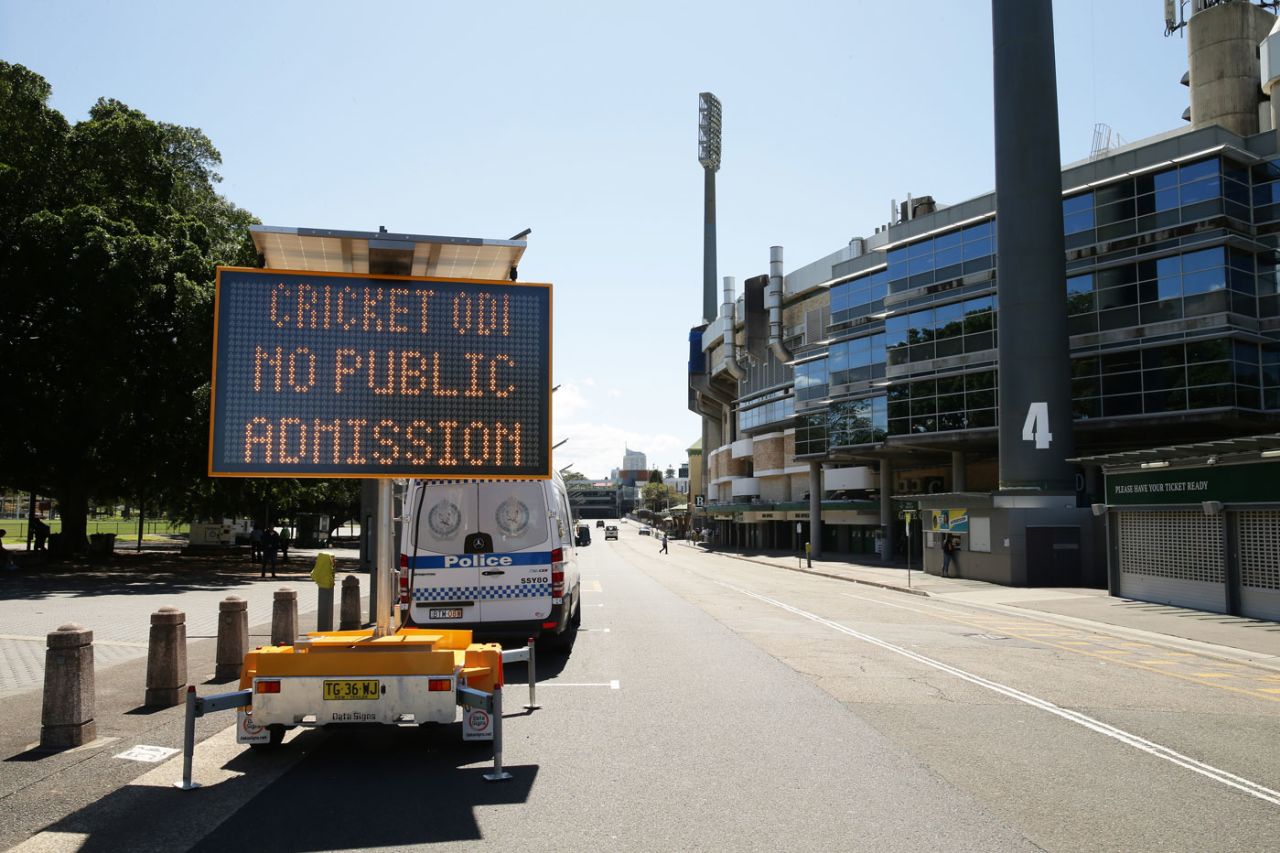 A signage outside Sydney Cricket Ground as the Australia-New Zealand series goes behind closed doors, Australia v New Zealand, 1st ODI, Sydney, March 13, 2020