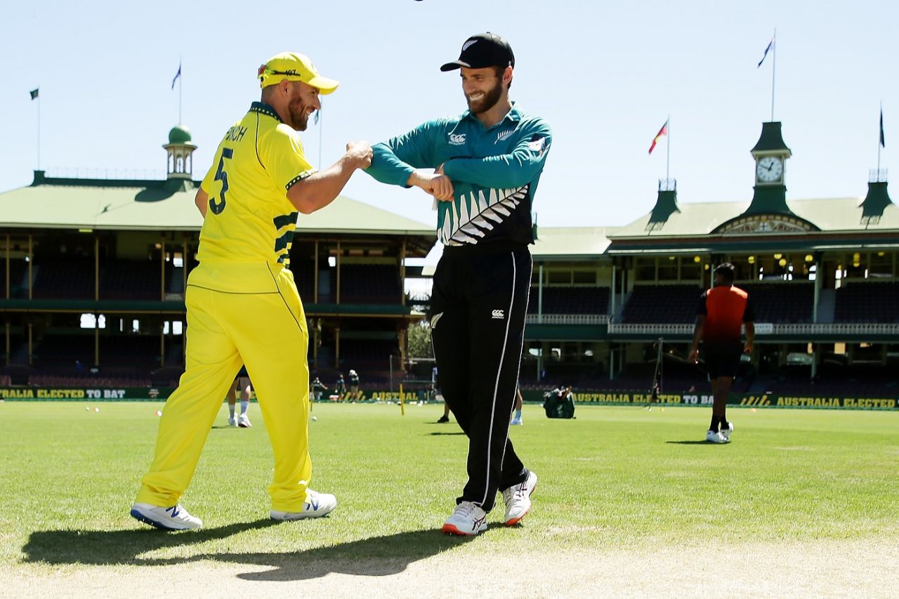 Aaron Finch and Kane Williamson improvise while greeting each other at the toss, Australia v New Zealand, 1st ODI, Sydney, March 13, 2020
