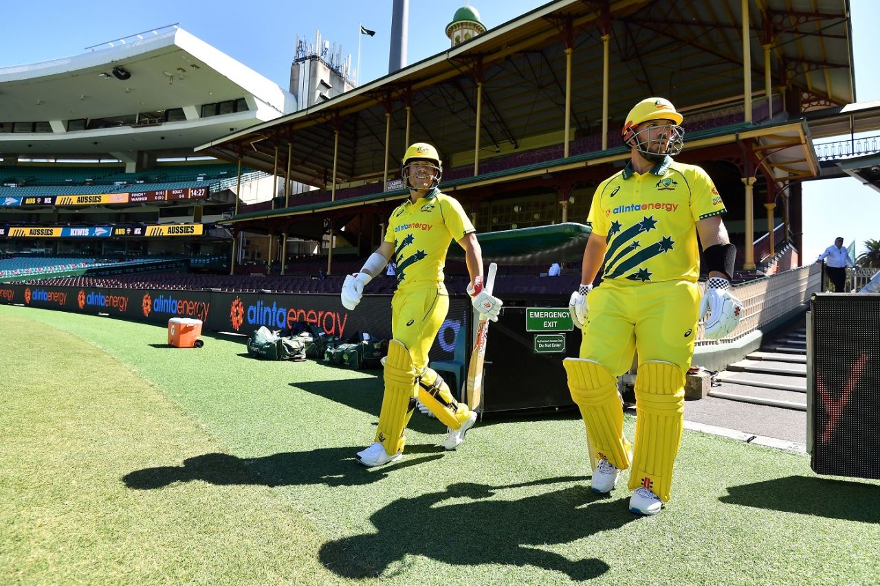 Aaron Finch and David Warner walk out to empty stands, Australia v New Zealand, 1st ODI, Sydney, March 13, 2020