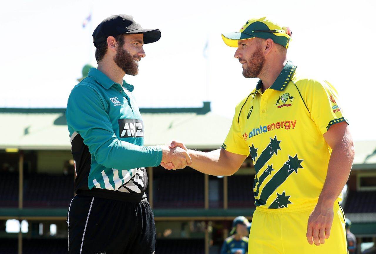 Kane Williamson and Aaron Finch at the toss, Australia v New Zealand, 1st ODI, Sydney, March 13, 2020