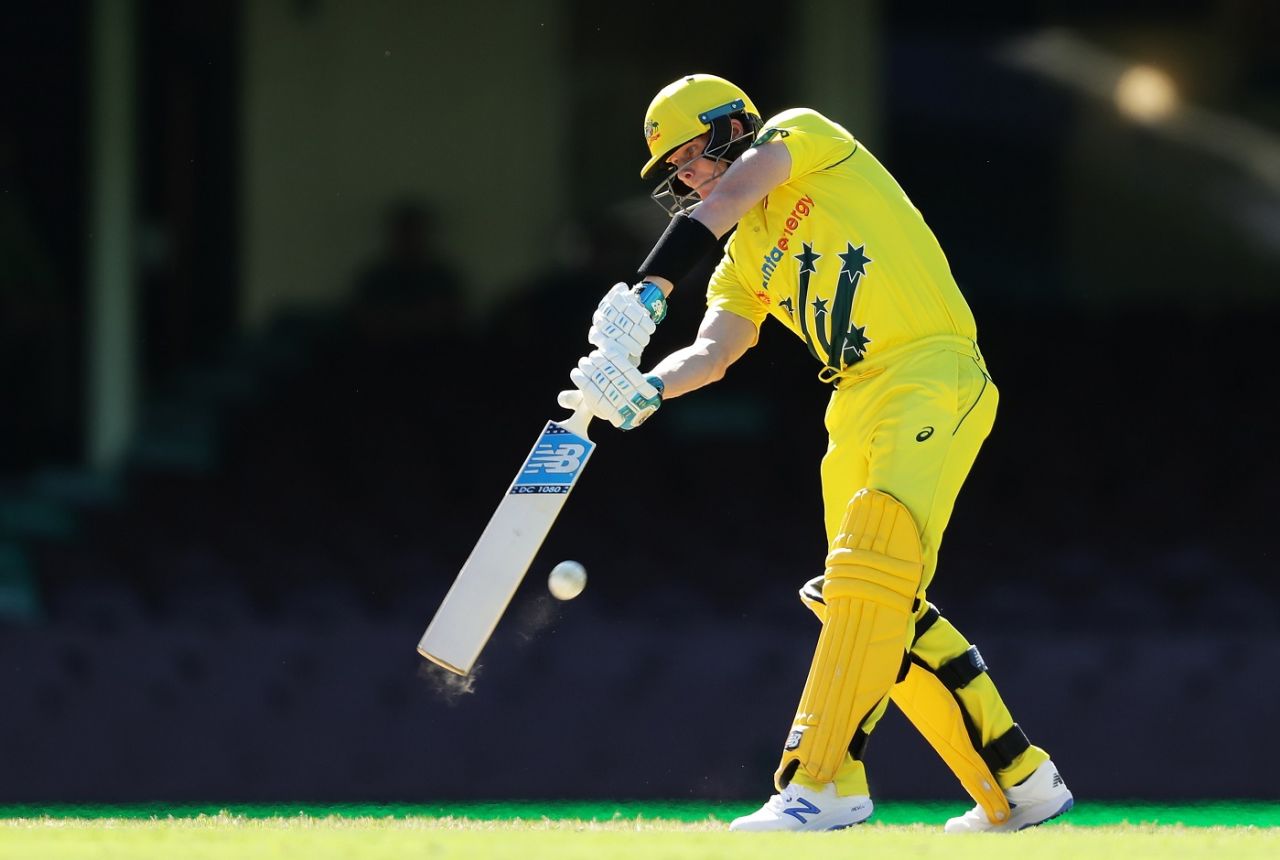 Steven Smith crunches a full ball over the long leg fence, Australia v New Zealand, 1st ODI, Sydney, March 13, 2020