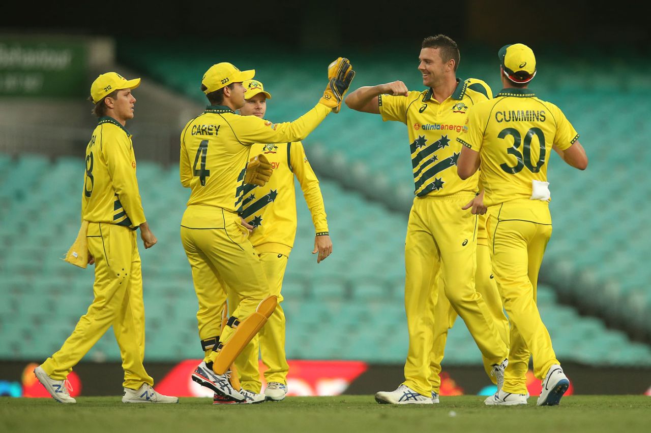 Josh Hazlewood brings out the elbow bump after taking a wicket, Australia v New Zealand, 1st ODI, Sydney, March 13, 2020