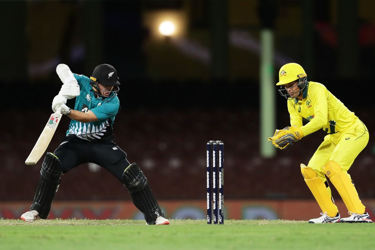 Tom Latham cuts one away as Alex Carey watches on, Australia v New Zealand, 1st ODI, Sydney, March 13, 2020