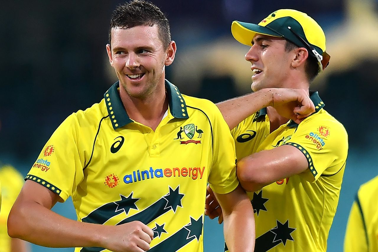 Josh Hazlewood and Pat Cummins are all smiles, Australia v New Zealand, 1st ODI, Sydney, March 13, 2020