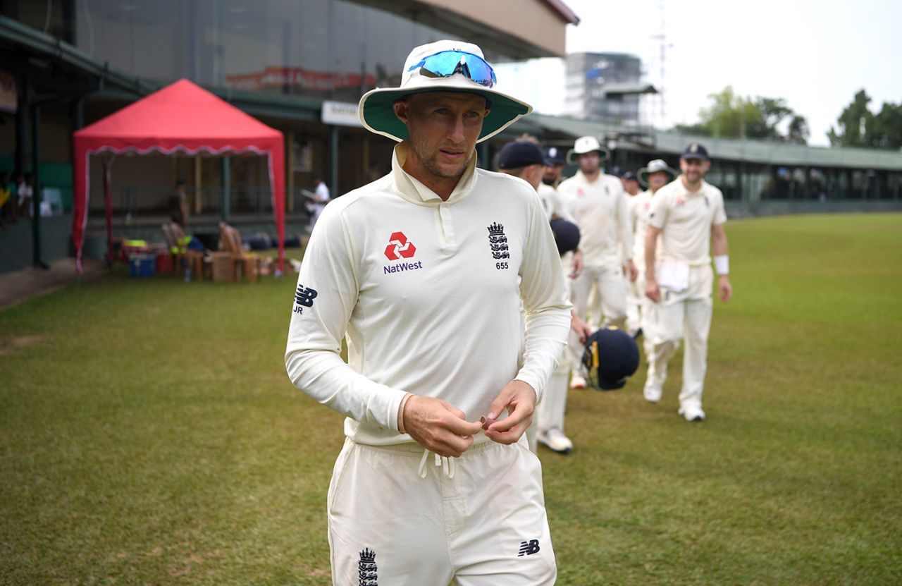 Joe Root leads his team off the field after the postponement of their Test series, SLC Board President's XI v England, 2nd day, Colombo, March 13, 2020