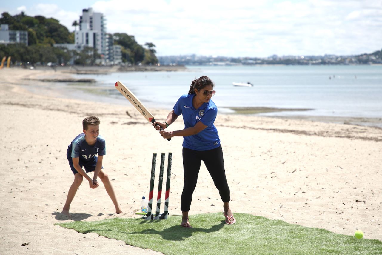 Mithali Raj plays a spot of beach cricket at during the Women's Cricket World Cup 2021 venue announcement, Auckland, New Zealand, January 23, 2020