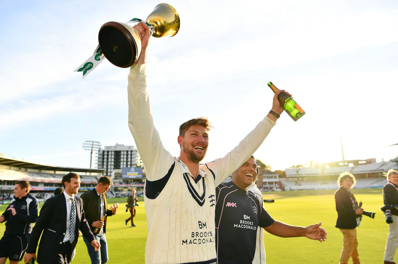 Ollie Rayner holds the County Championship trophy aloft in 2016, Middlesex v Yorkshire, County Championship, Division One, Lord's, September 23, 2016