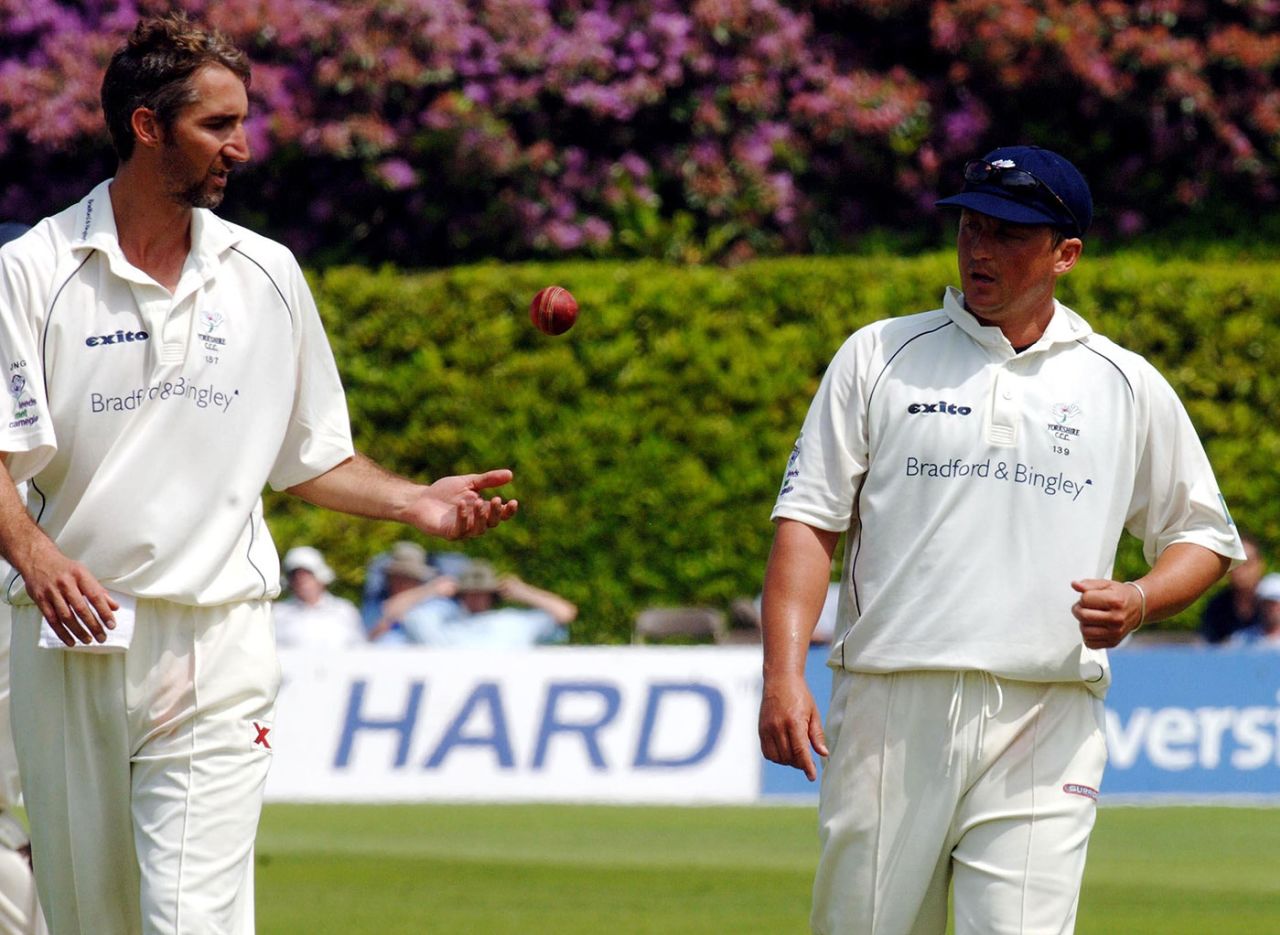 Jason Gillespie and Darren Gough have a chat with Tunbridge Wells' famous rhododendrons in the background, Kent v Yorkshire, County Championship Division One, Tunbridge Wells, June 8, 2007
