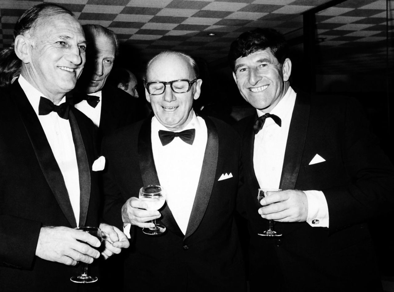 Len Hutton, Don Bradman and Ken Barrington at a Lord's Taverners charity evening in London, May 13, 1974