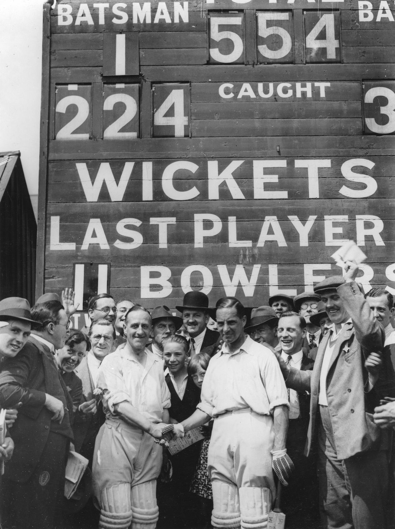 Crowds surround the scorebox just before Percy Holmes and Herbert Sutcliffe's  555 first-wicket stand, Essex v Yorkshire, Leyton, June 16, 1932