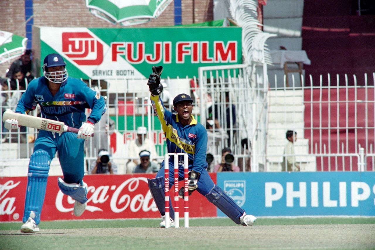 Romesh Kaluwitharana appeals for the wicket of Phil DeFreitas, Sri Lanka v England, Quarter-final, World Cup, March 9, 1996, Faisalabad