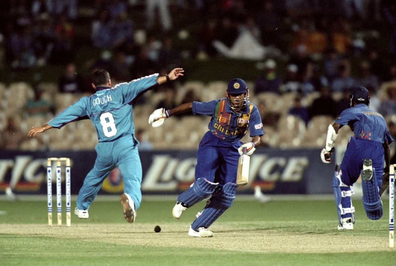 Darren Gough and Roshan Mahanama tussle as Sri Lanka look to steal a run, England v Sri Lanka, Carlton & United Series, 23 January, 1999, Adelaide