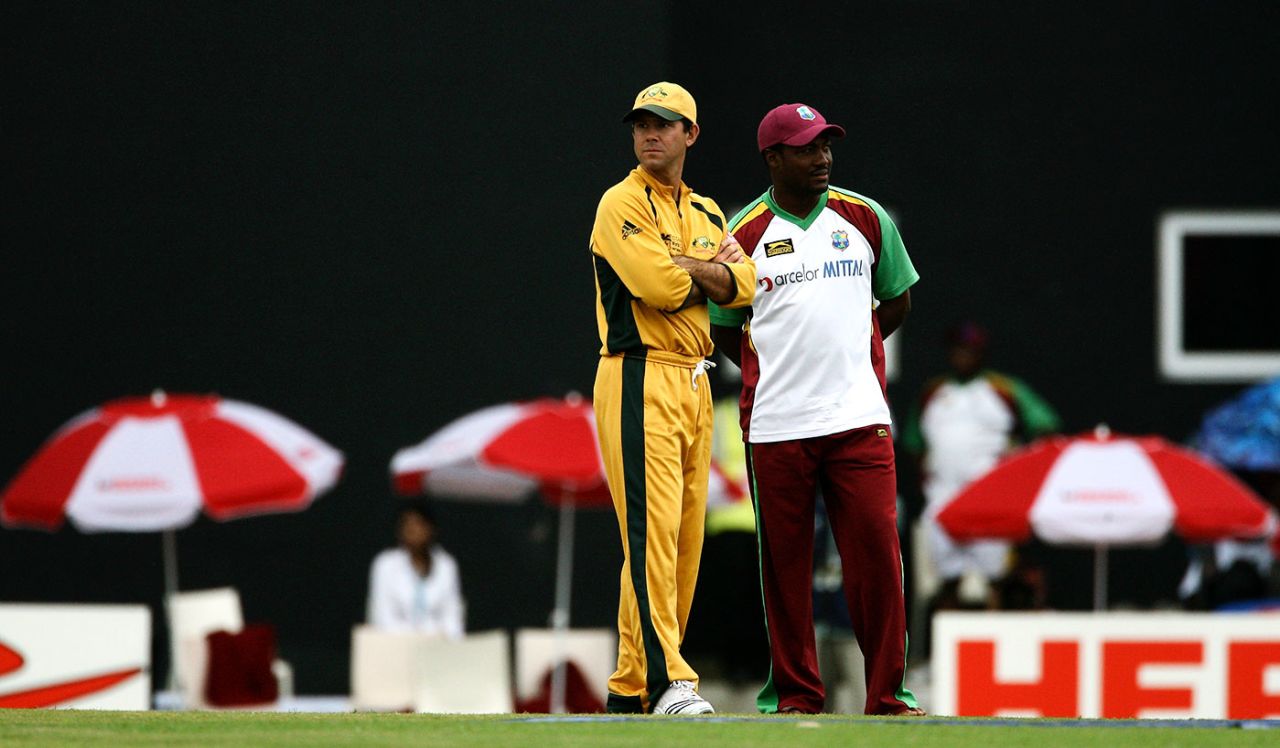 Brian Lara and Ricky Ponting walk onto the ground to inspect the pitch as rain continues, West Indies v Australia, Super Eights, Antigua, March 27, 2007