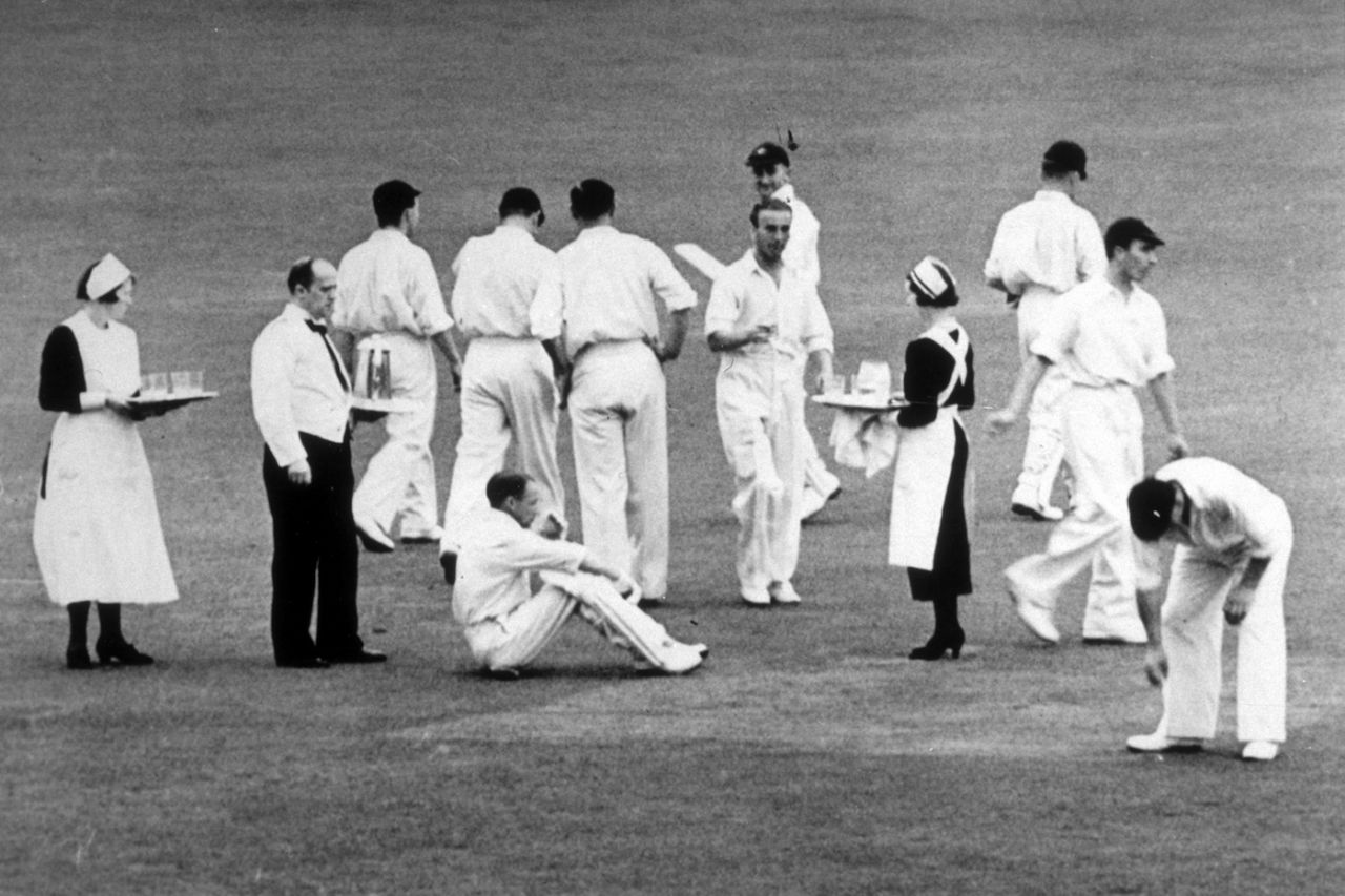 Don Bradman and team-mates break for tea, day three, fourth Test, England v Australia, Headingley, July 23, 1938