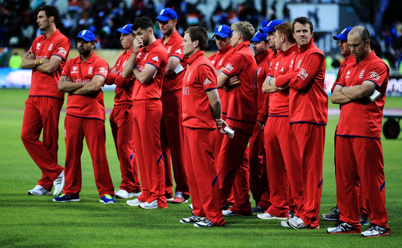 A dejected England team during the match presentation, England v India, Champions Trophy final, Edgbaston, June 23, 2013