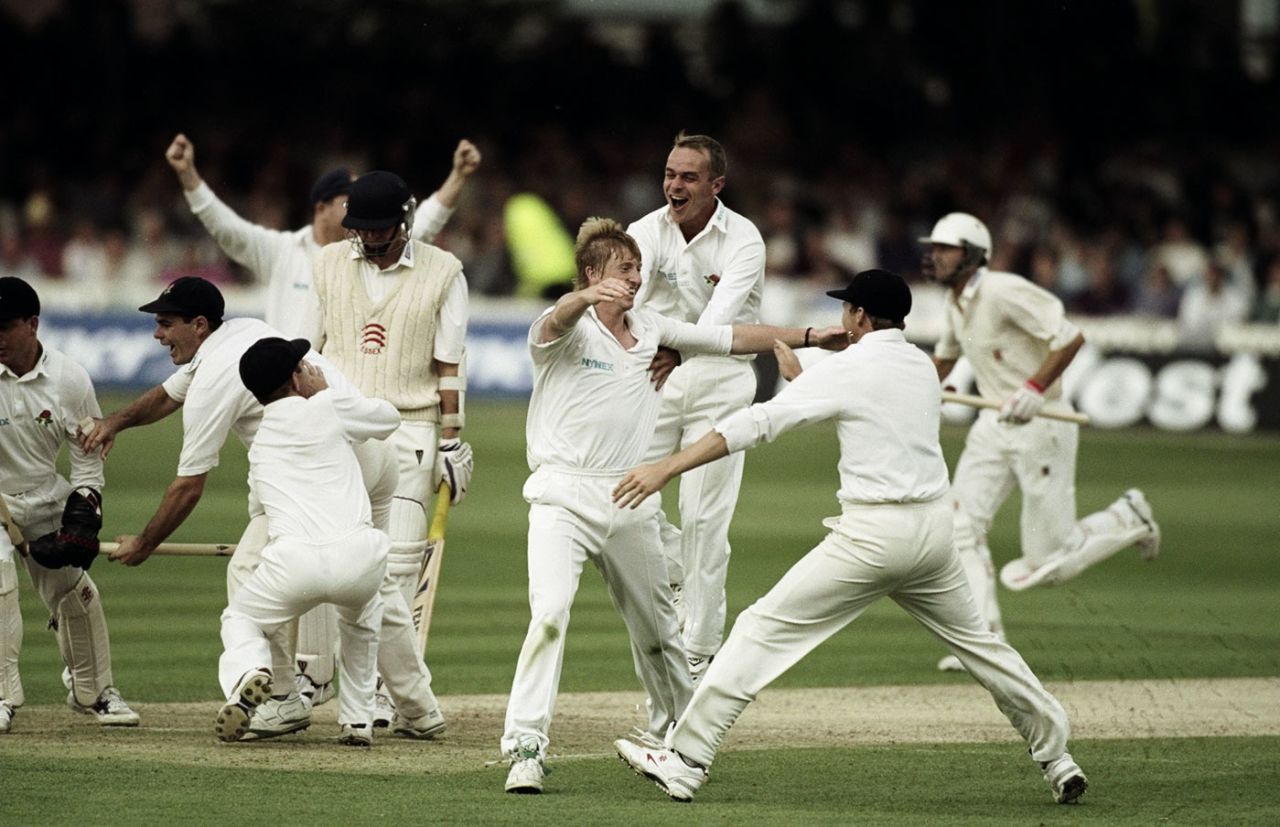 Glen Chapple and his team-mates celebrate dismissing Essex for 57 and winning the 1996 NatWest Trophy, Essex v Lancashire, National Westminster Bank Trophy, Lord's, September 9, 1996