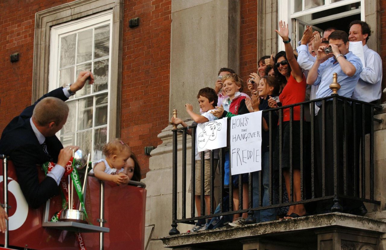 Andrew Flintoff soaks in the applause from the public on the way to Trafalgar Square to celebrate England's Ashes win, England v Australia, Ashes 2005, September 13, 2005