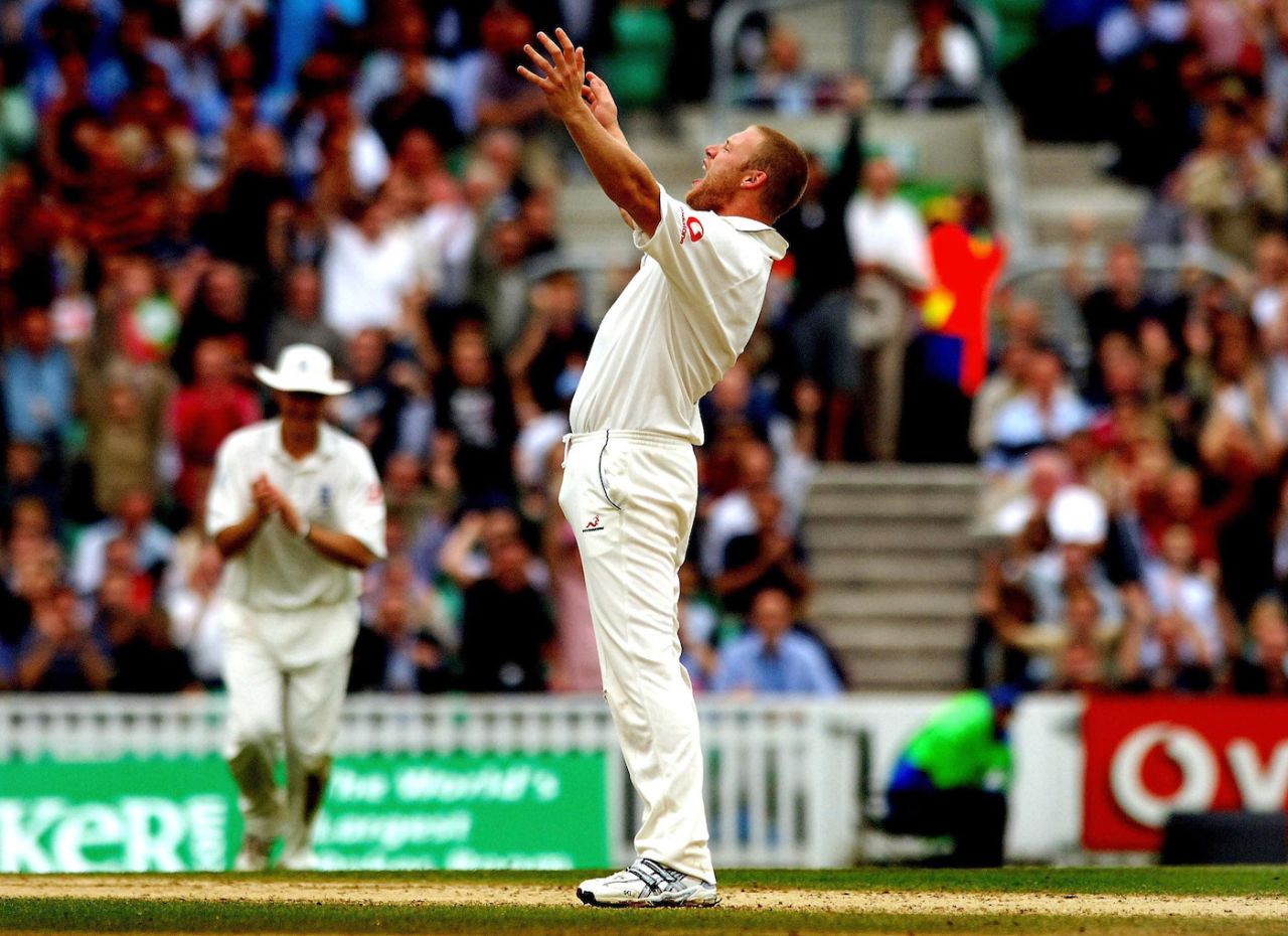Andrew Flintoff celebrates the wicket of Simon Katich, England v Australia, fifth Test, day four, The Oval, September 11, 2005