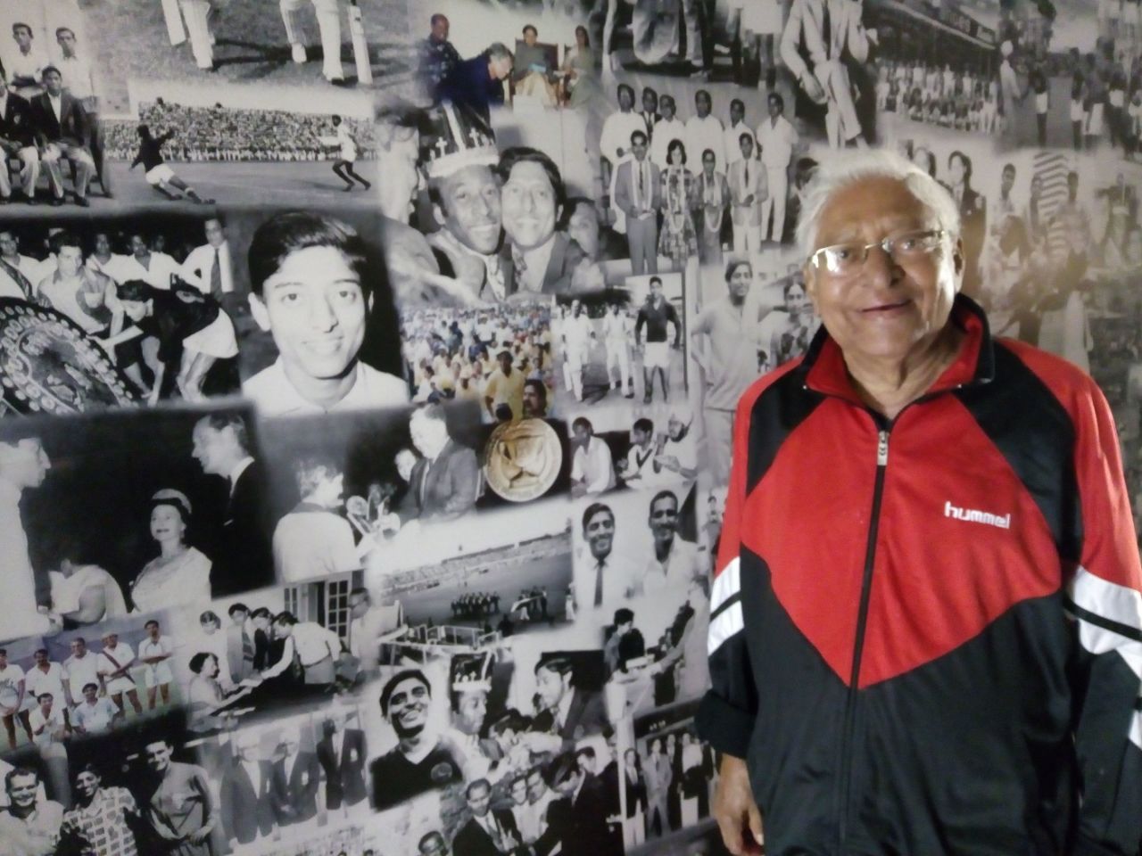 Chuni Goswami poses in front of his wall of memories, January 4, 2019
