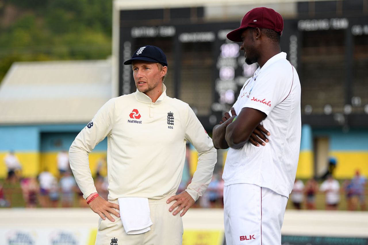 Joe Root and Jason Holder chat after the conclusion of the Test, West Indies v England, 3rd Test, St Lucia, 4th day, February 12, 2019