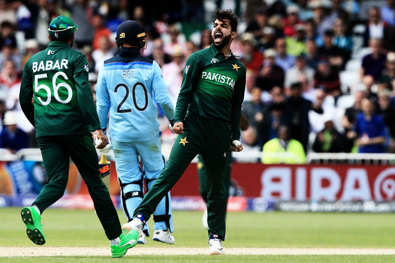Shadab Khan is pumped after removing Jason Roy early, England v Pakistan, World Cup 2019, Trent Bridge, June 3, 2019