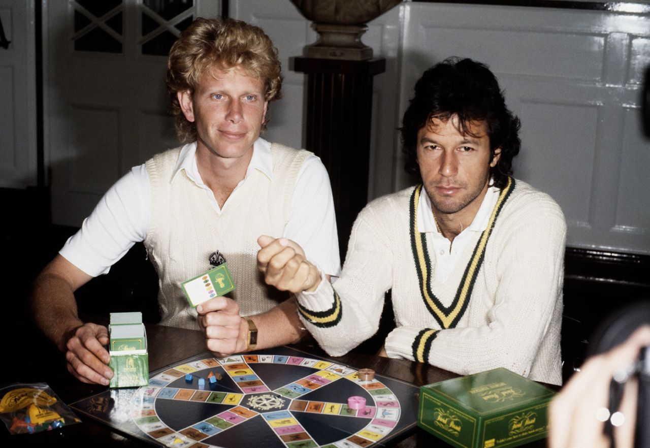 Graham Dilley and Imran Khan at the launch of a sports edition of Trivial Pursuit, 1987