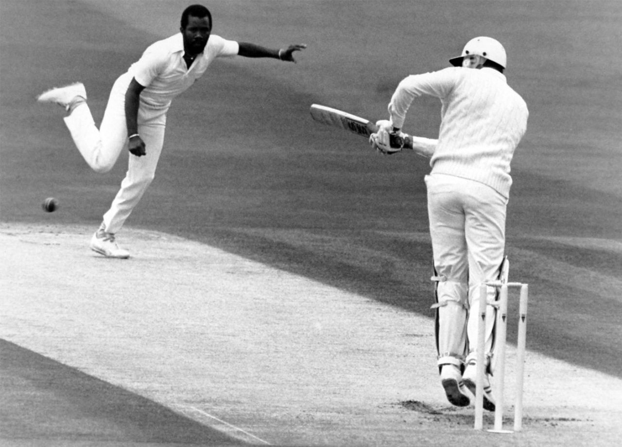 Graham Gooch plays on off the hips against Malcolm Marshall, England v West Indies, 4th Test, Headingley, 1st day, July 21, 1988