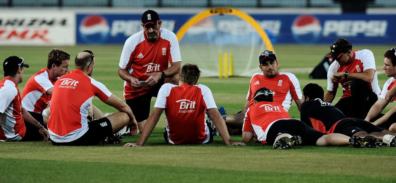 Graham Gooch talks to England players during a training session, Chittagong, March 9, 2011