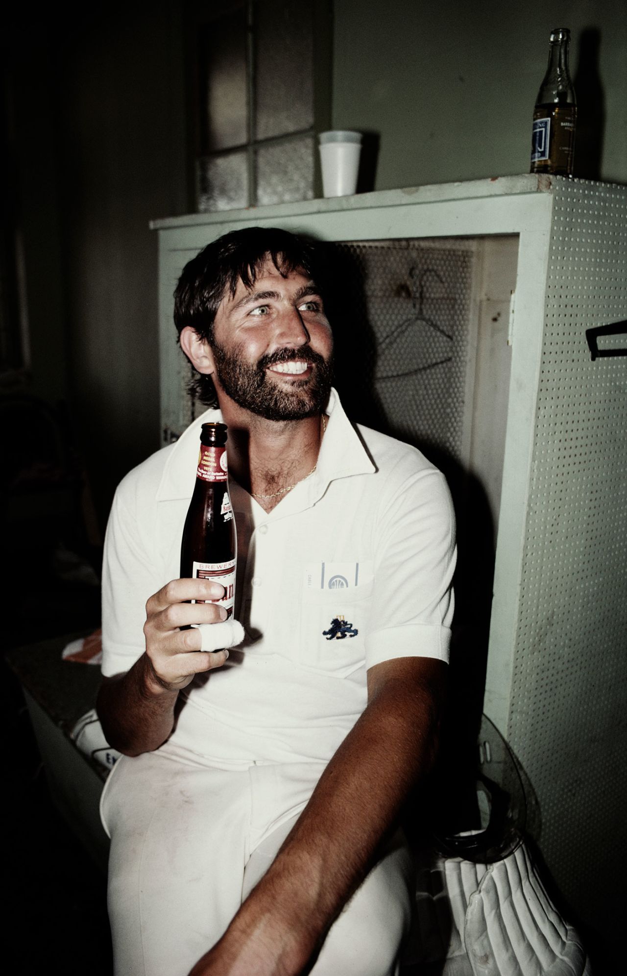 Graham Gooch enjoys a drink after the drawn final Test in Jamaica, West Indies v England, 5th Test, Kingston, April 15, 1981