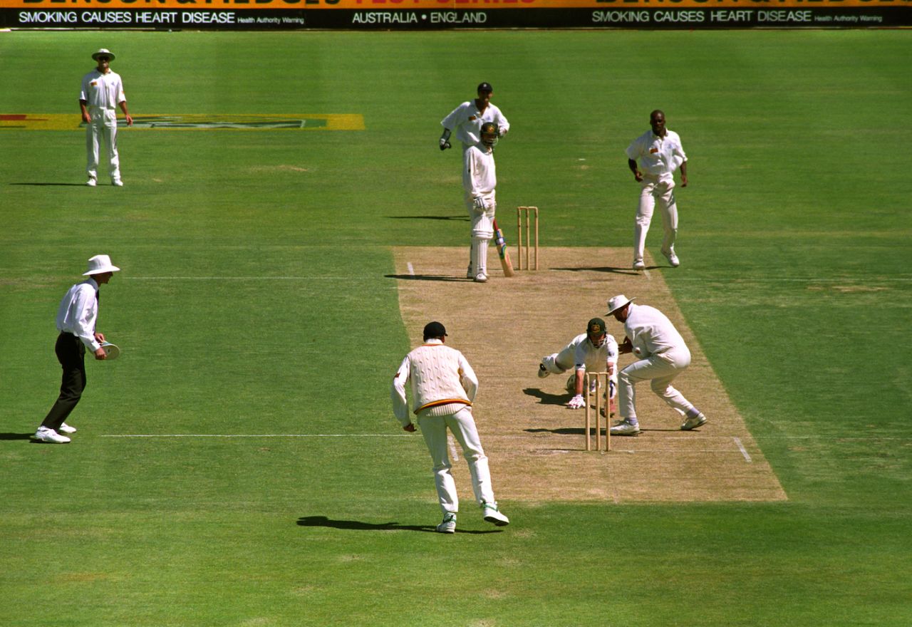 Steve Waugh watches as Mark Waugh is about to be run out by Graham Gooch, second day, fifth Test, Australia v England, WACA, Perth, Australia, Feb 4, 1995
