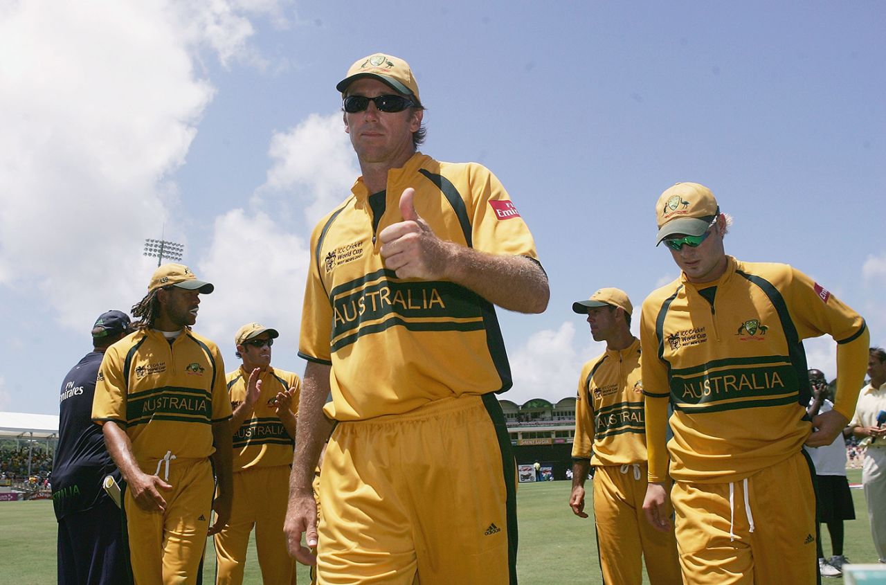 Glenn McGrath leads Australia off the field after cutting through South Africa, Australia v South Africa, 2nd semi-final, St Lucia, April 25, 2007