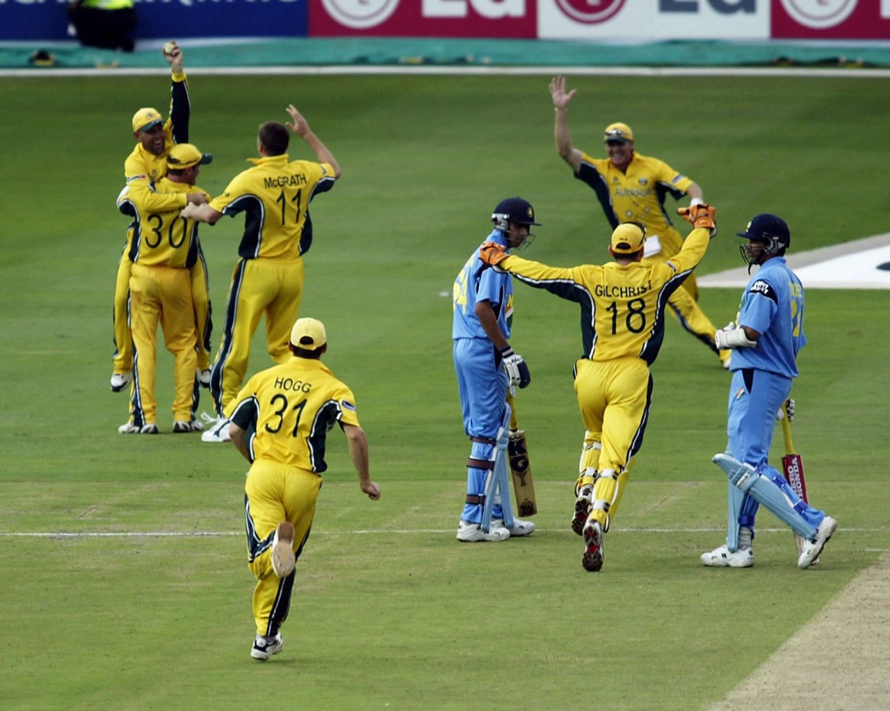 Australia celebrate their moment of victory: Zaheer Khan's wicket, Australia v India, World Cup 2003, final, Johannesburg, March 23, 2003