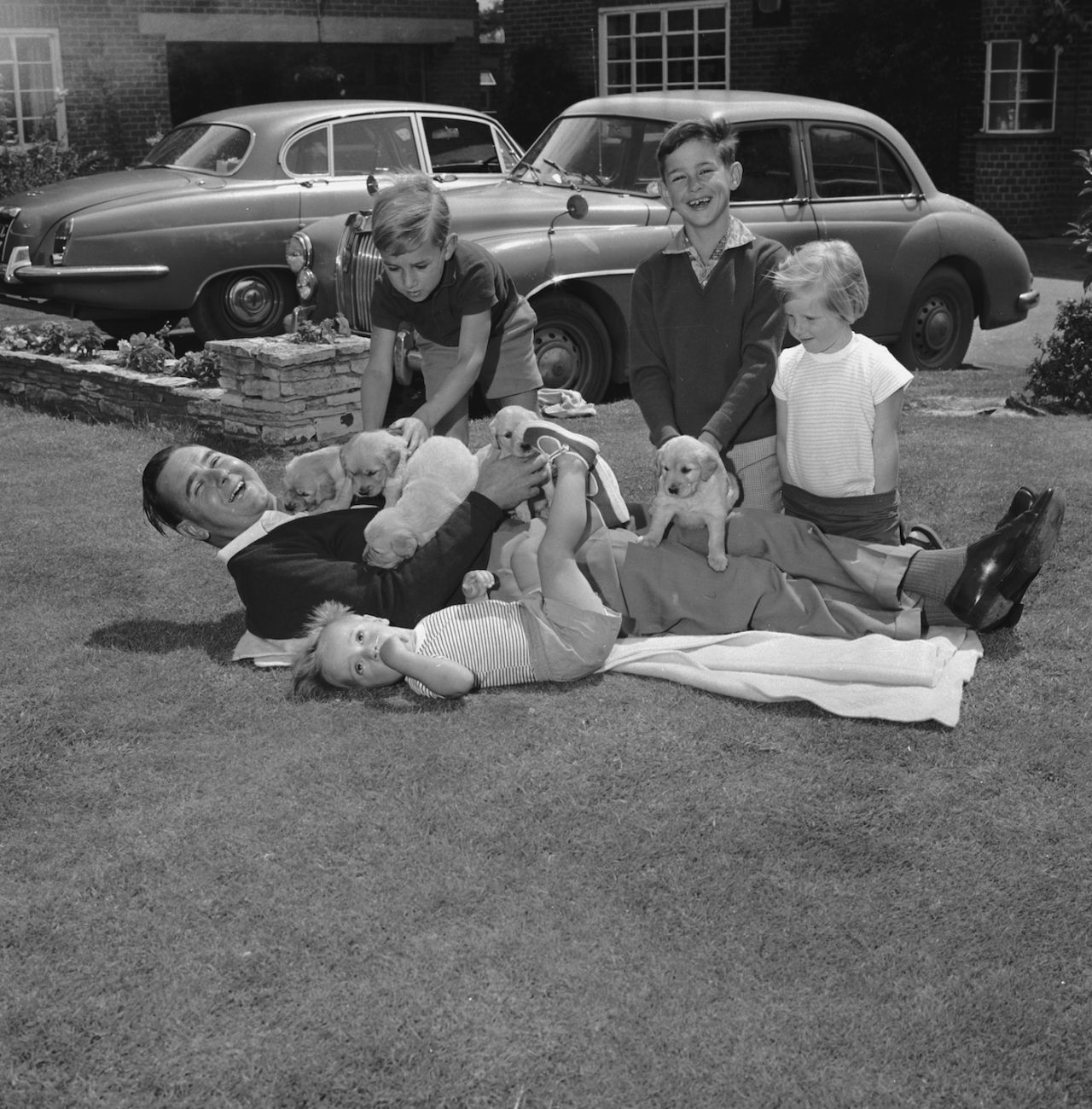 Colin Cowdrey is overrun by puppies in the garden of his family home,  Surrey, June 1, 1966