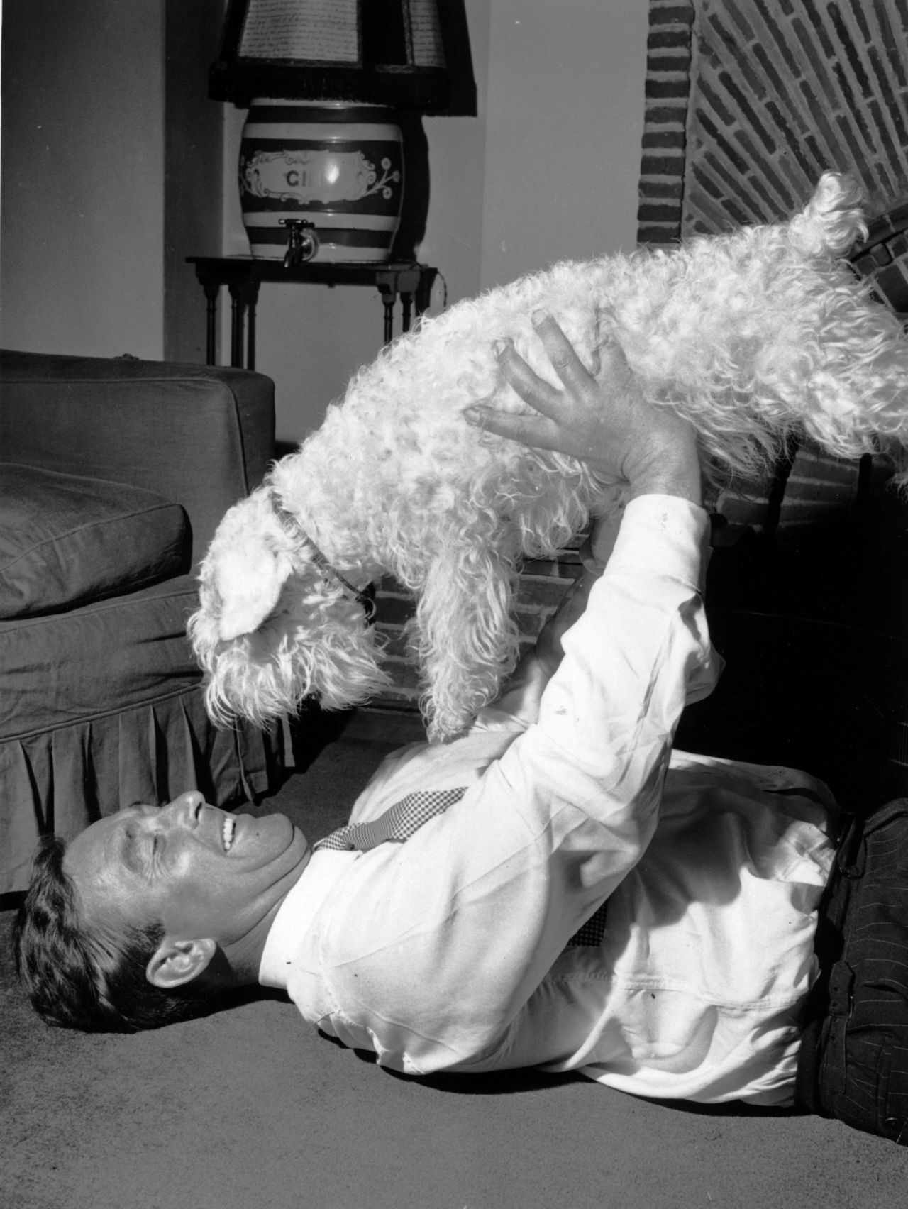 Denis Compton at home playing with his dog after an operation to remove his kneecap, England, September 1, 1956