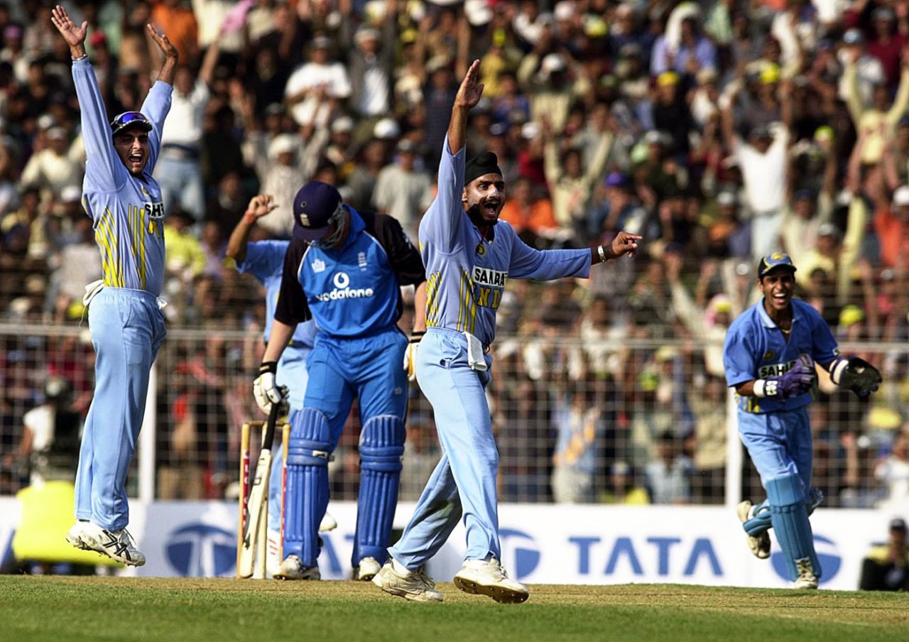 Harbhajan Singh appeals for Andrew Flintoff's wicket, India v England, 6th ODI, Mumbai, February 3, 2002