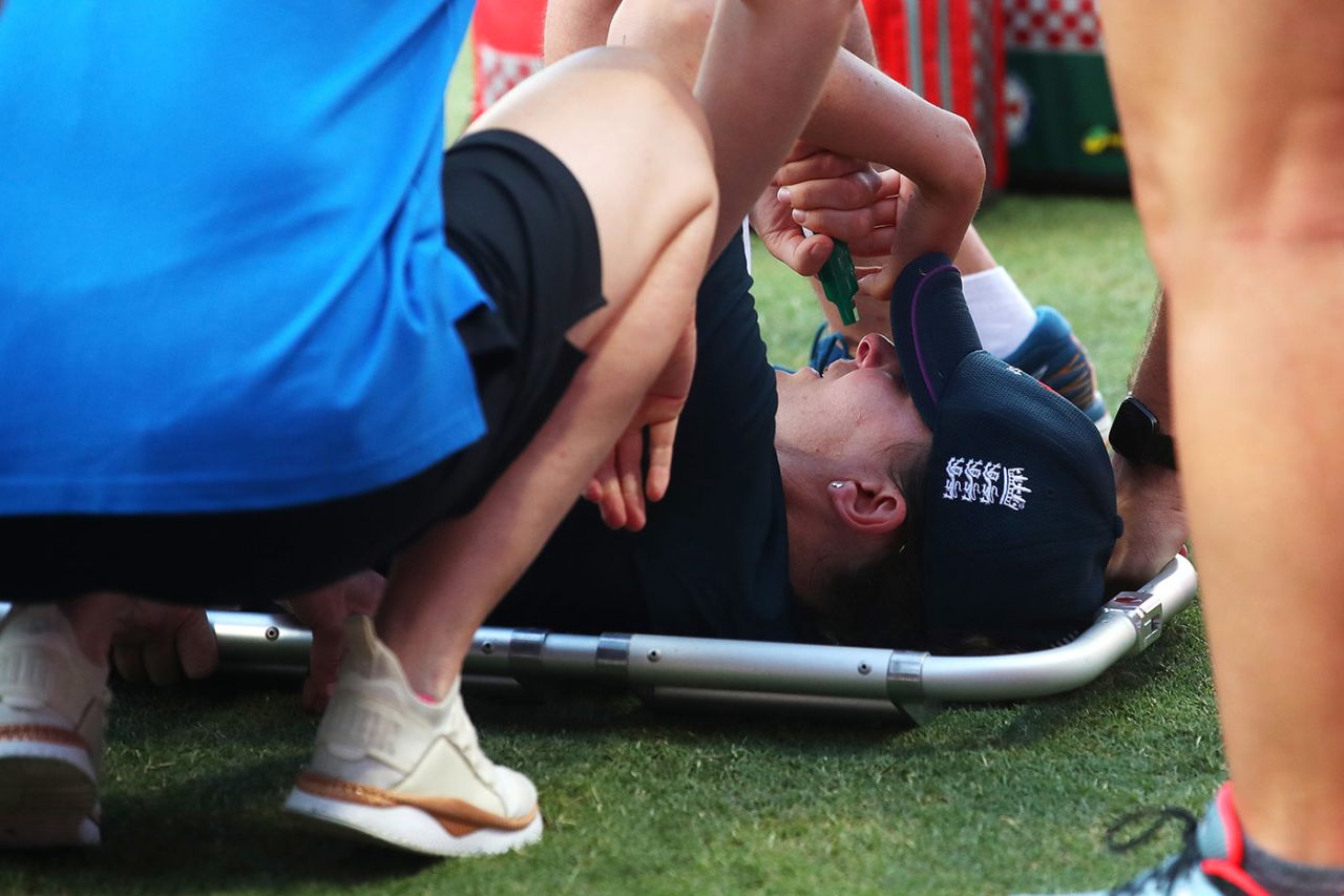 Kate Cross receives treatment after injuring her leg during the warm up ahead of the ICC Women's T20 World Cup match between England and West Indies, Sydney Showground Stadium, March 01, 2020