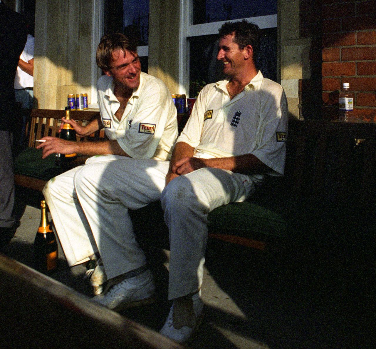 Phil Tufnell and Andrew Caddick enjoy the Test win, England v Australia, 6th Test, 3rd day, The Oval, August 23, 1997