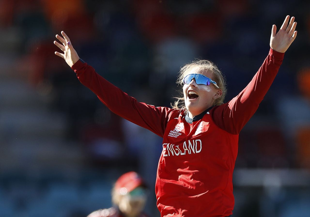 Sophie Ecclestone celebrates a wicket, England v Thailand, Women's T20 World Cup, Manuka Oval, February 26, 2020