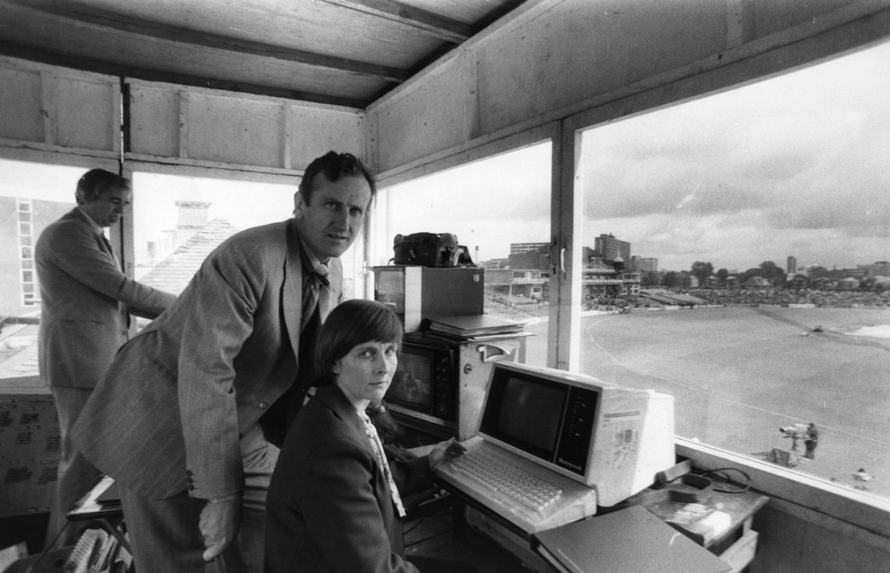 Ted Dexter and Wendy Wimbush display the new computer at the control room on the BBC stand, Old Trafford, July 15,1980