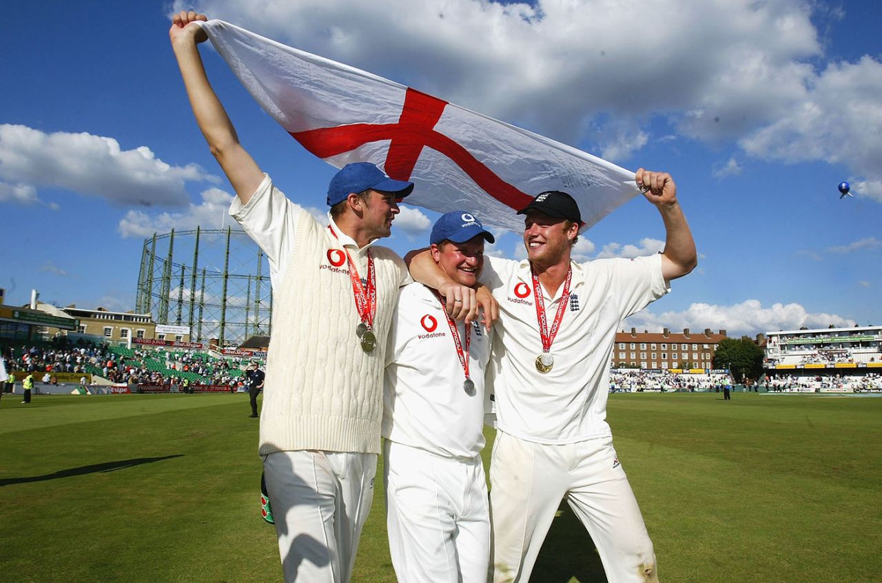 Three lions: Steve Harmison, Rob Key and Andrew Flintoff celebrate England's 2004 series win, England v West Indies, 4th Npower Test match, The Oval, August 21, 2004