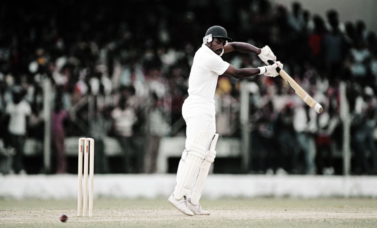Roland Butcher plays a shot, England v West Indies, 3rd Test, Bridgetown, 2nd day, March 14, 1981
