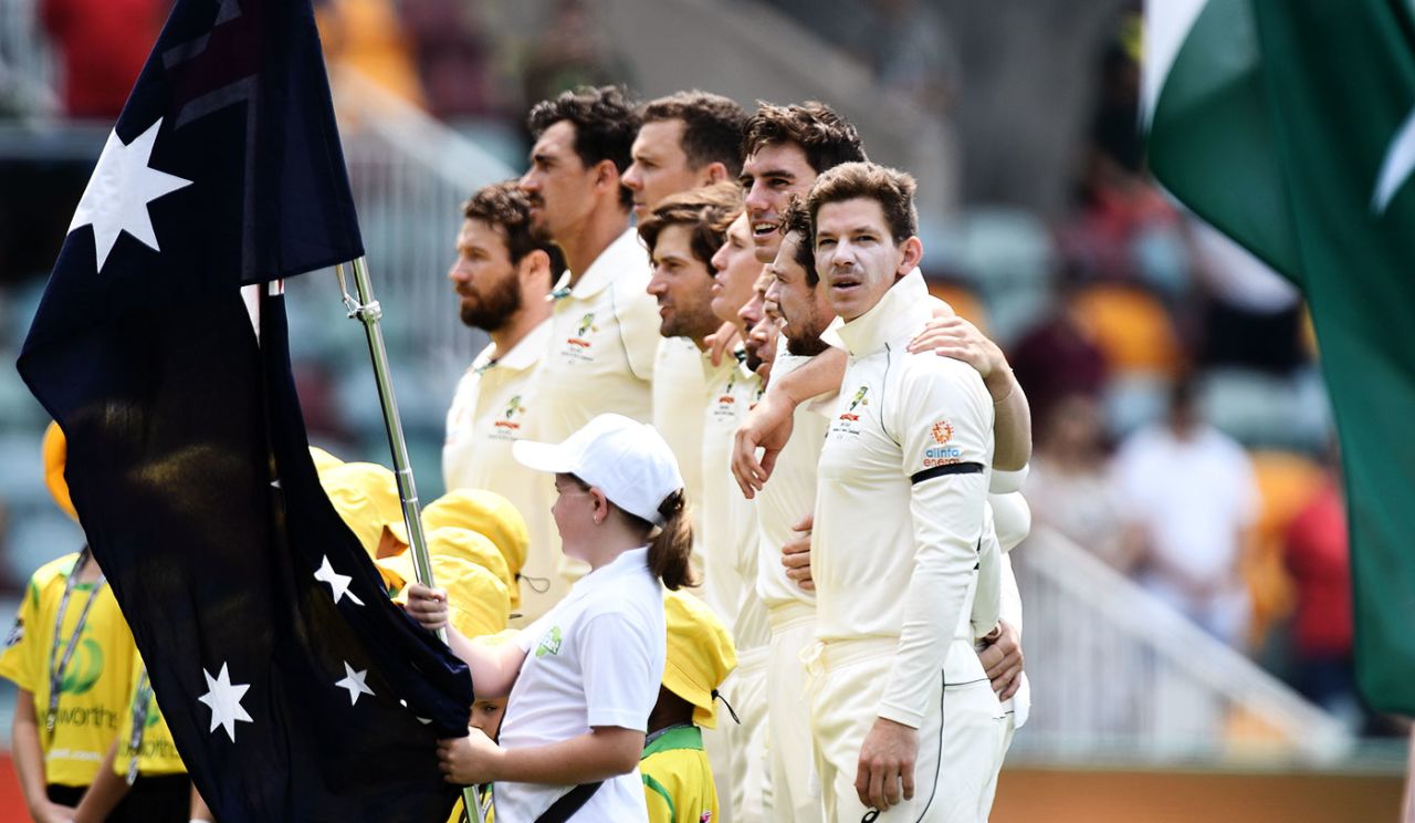 Tim Paine and his team-mates line up for the national anthems, Australia v Pakistan, 1st Test, Brisbane, November 21, 2019