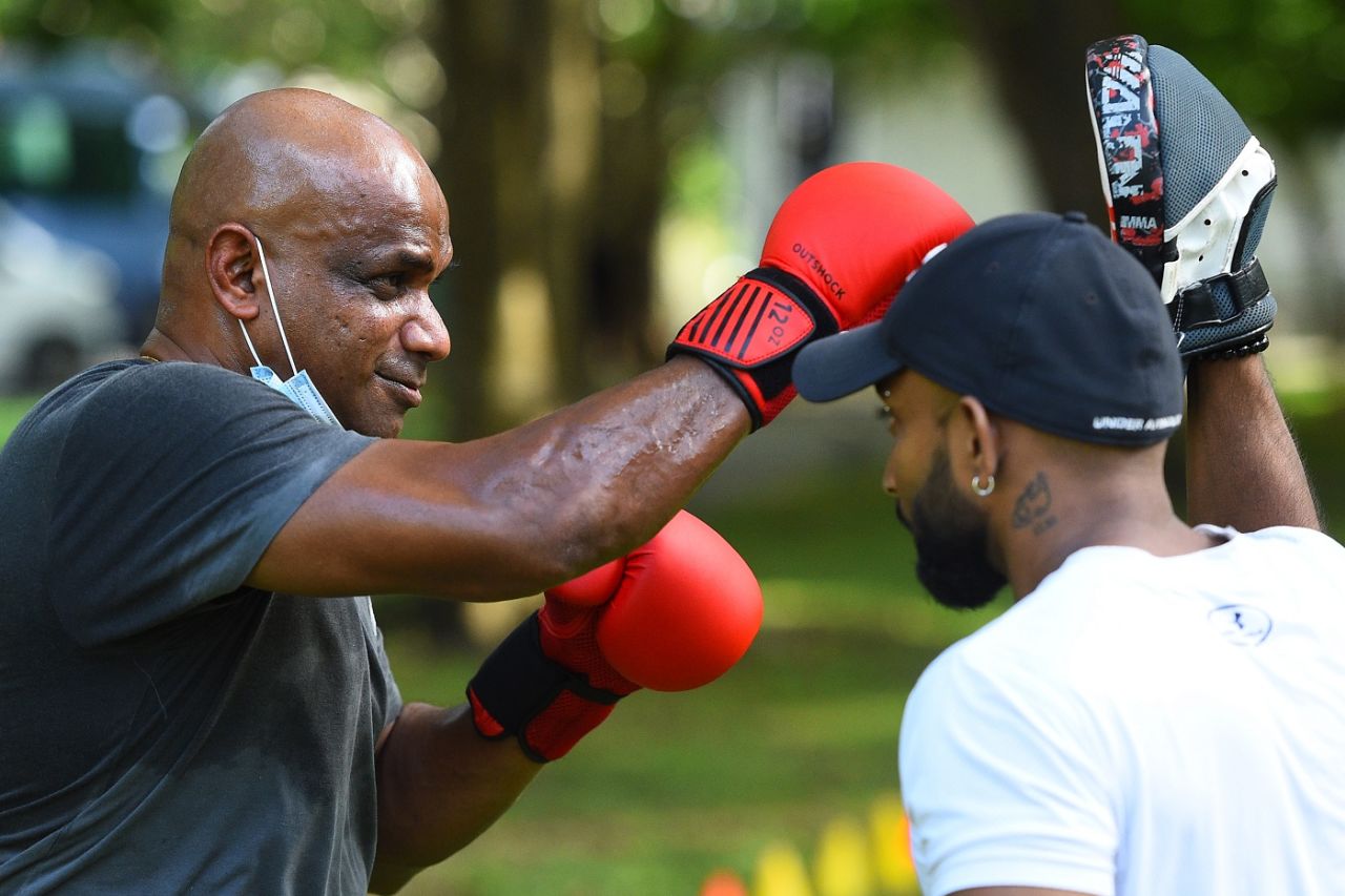 Sanath Jayasuriya practises boxing at a public park, Colombo, June 9, 2020