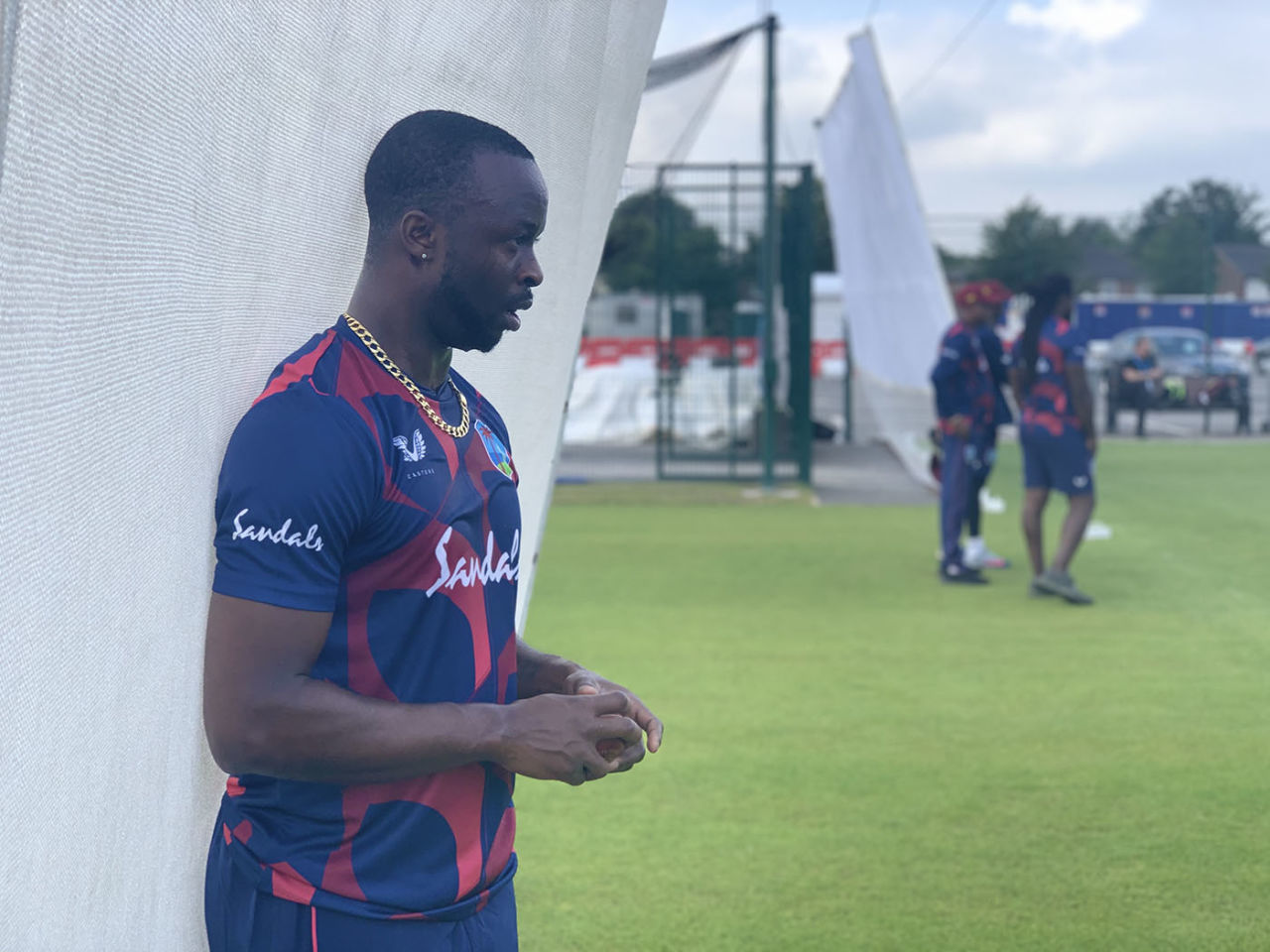 Kemar Roach prepares to bowl in the nets, Old Trafford, June 15, 2020