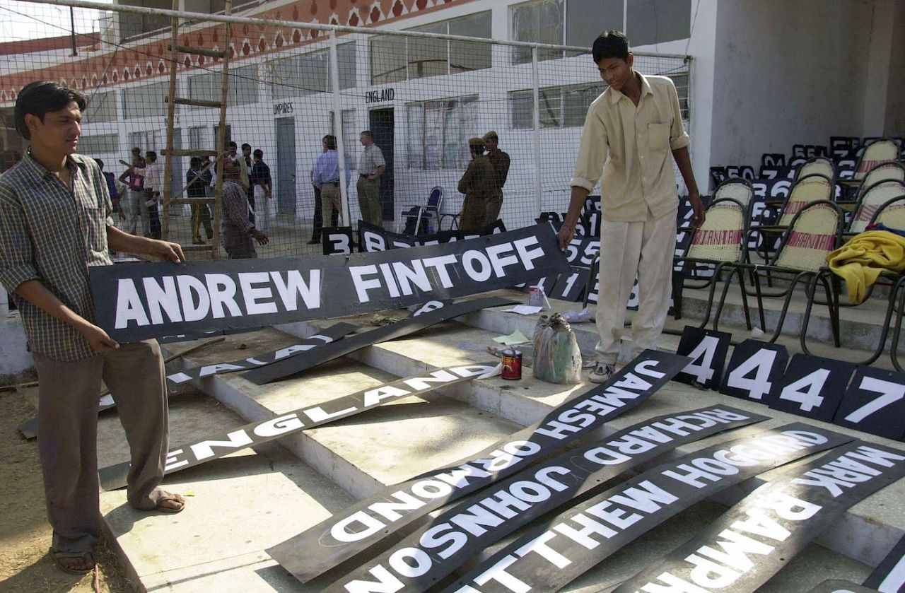 Staff at the ground paint the names of the players for the scoreboard, England nets session, Jaipur Cricket Stadium, Jaipur, India, Nov 26, 2001