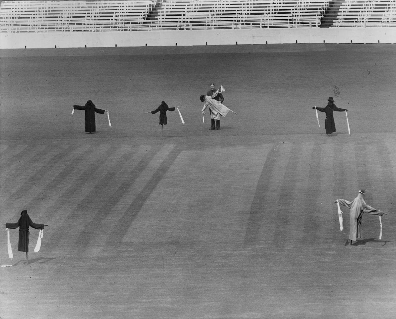 Bert Lock, head groundsman at the Oval, putting up scarecrows to prevent pigeons mobbing him, The Oval, April 12, 1957