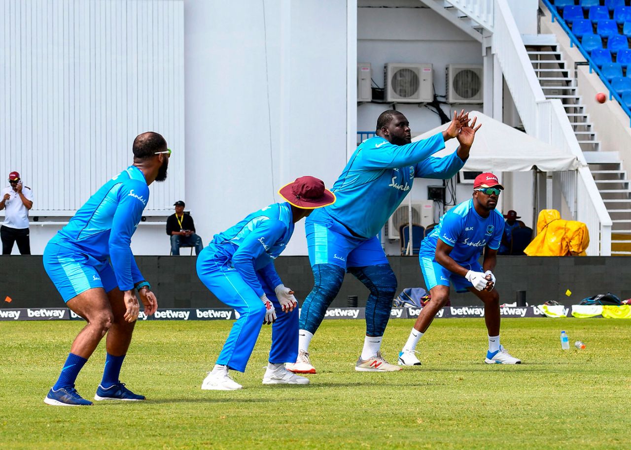 Rakheem Cornwall takes part in catching practice during a West Indies training session, Antigua, August 21, 2019