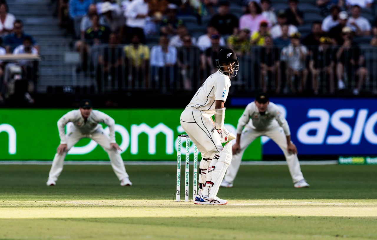 Jeet Raval waits for the ball, Australia v New Zealand, 1st Test, Perth, 2nd day, December 13, 2019